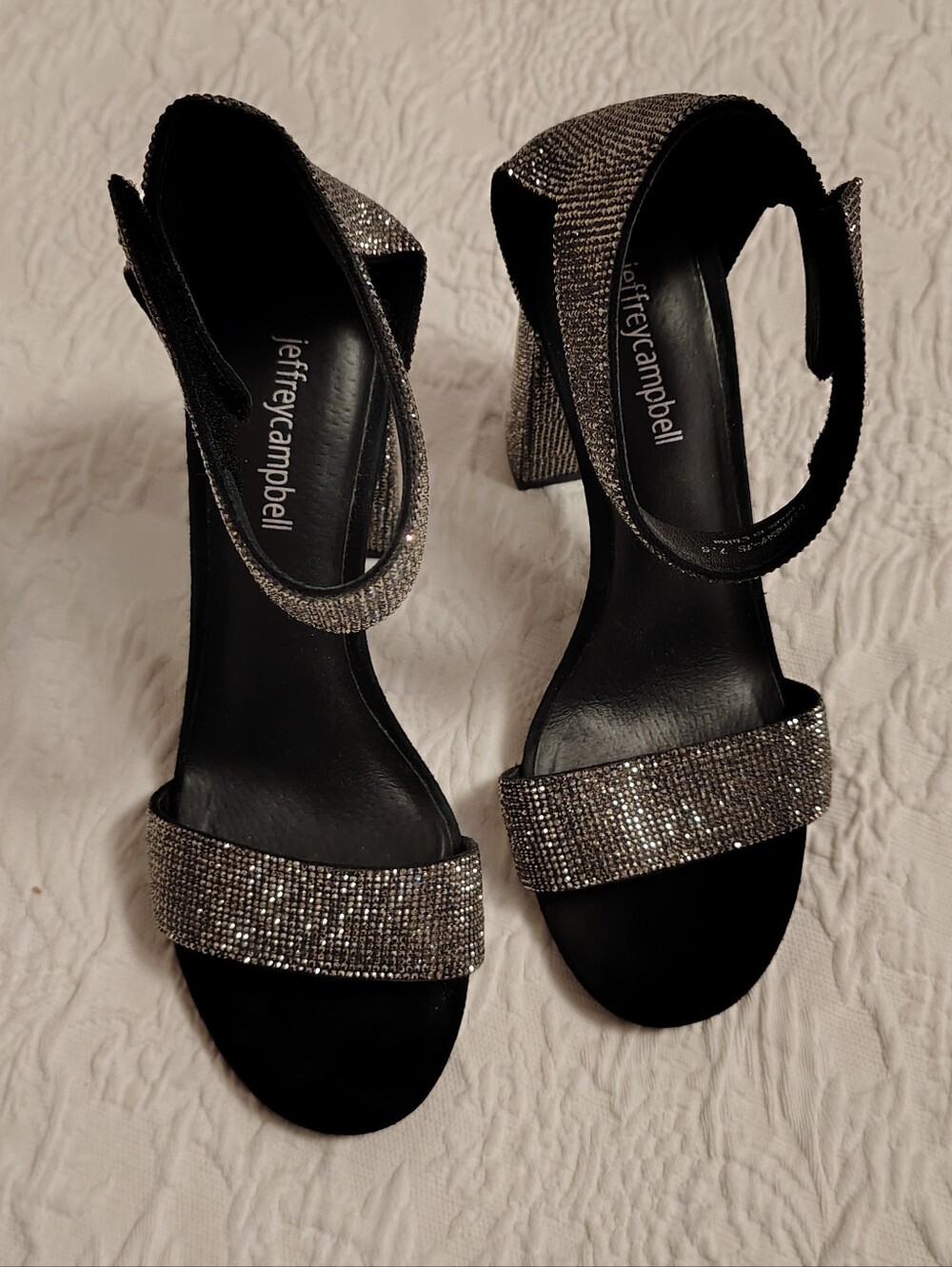 Jeffrey Campbell Lindsay Silver Glitter Strap Block Heel Sandals